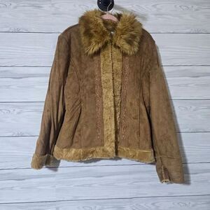 RP Sport Vintage Y2K Golden Brown Faux Fur Vegan Suede Leather Jacket Large Retr